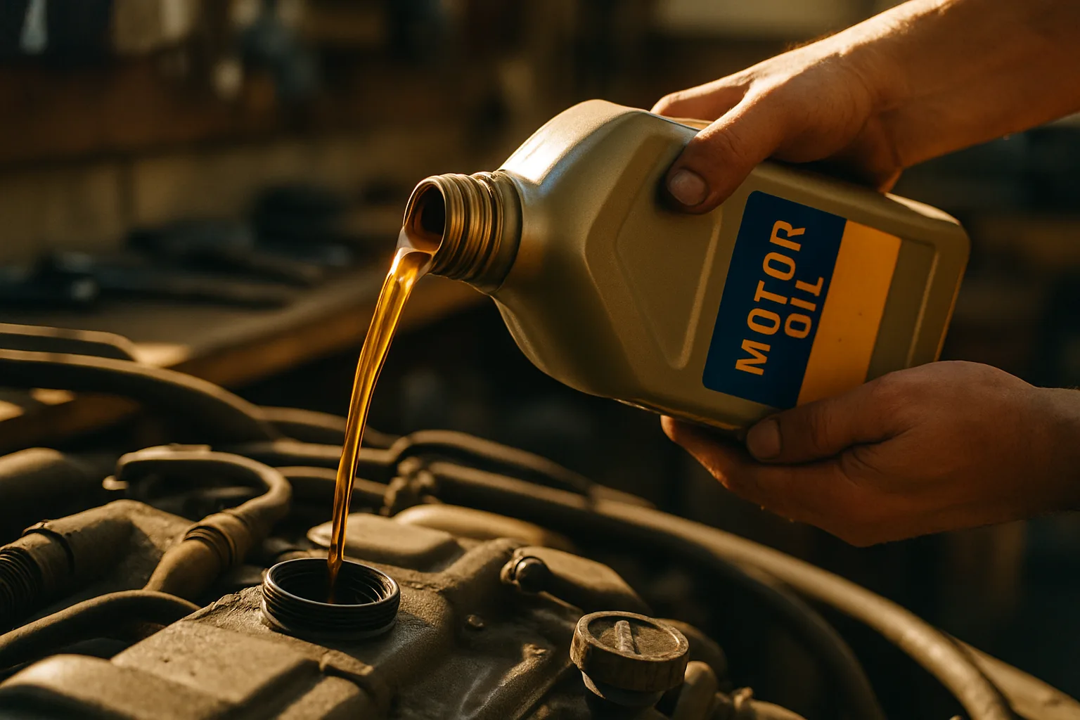 Oil change service with fresh oil being poured into engine